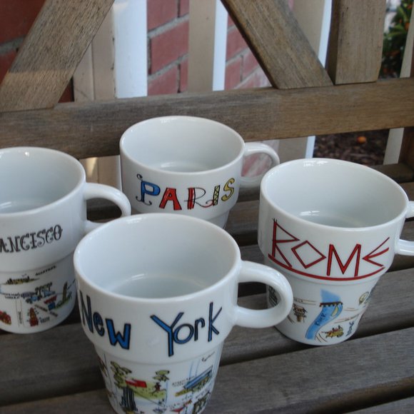 WORLD MARKET STACKING COFFEE MUGS SET OF 4 CITIES AROUND THE WORLD - Picture 1 of 4